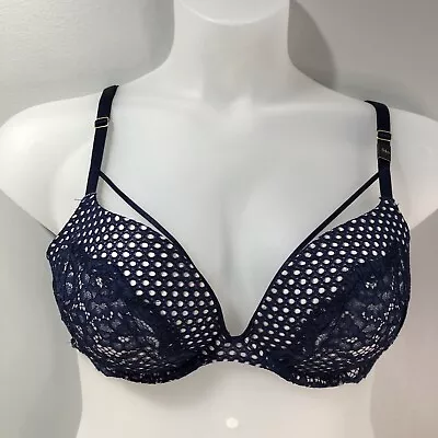 Victoria's Secret Very Sexy Push Up Pigeonnant Bra Navy Blue Lace 34D • $34.99