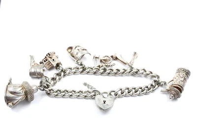 £17.50 • Buy .925 STERLING SILVER Vintage Curb Link Charm Bracelet With 7 Charms, 52.6g - L44