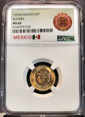 1955 Mexico Gold 5 Pesos G5p Hidalgo Ngc Ms 66 Beautiful Gem Bu • $359.95