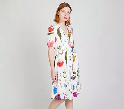 Ethical New Medium 38 La Casita De Wendy Floral Surrealistic Dress White • $100