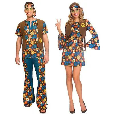 Adult's Men's Womens Couples Groovy Hippy 60's 70's Fancy Dress Hippie Costume  • £22.33