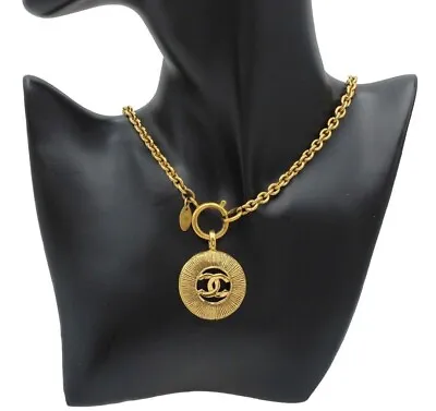 CHANEL 3847 GP COCO Mark Round Chain Pendant Necklace Gold Color Auth Women Used • £639.61