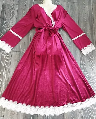 Red Velvet Lace Trim Belted Maxi Wrap Nightdress Nightie Kimono Kaftan Robe  • £25