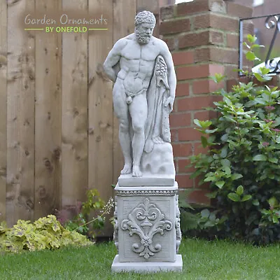 Large Antique Hercules On Plinth Hand Cast Stone Garden Statue Man Figure Gift • £129.90