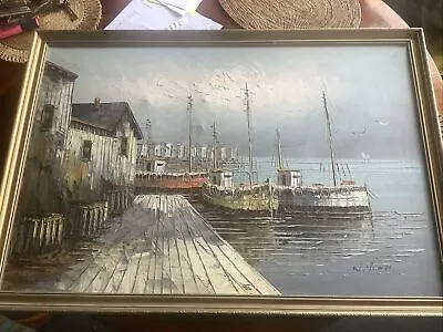 £40 • Buy Framed Oil Painting - Fishing Vessels In Harbour By W Jones - Ships Sea Seaside
