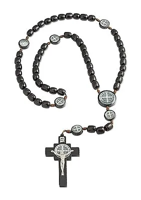 Mens Saint St Benedict Black Wood Beaded Rosary 2.5  Cross 19 Inch • $17.49