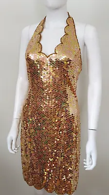 Vintage 80s GLAM GOLD Sequin Halter Prom Bandage MOBWIFE Party PIN UP Dress M • $62.88