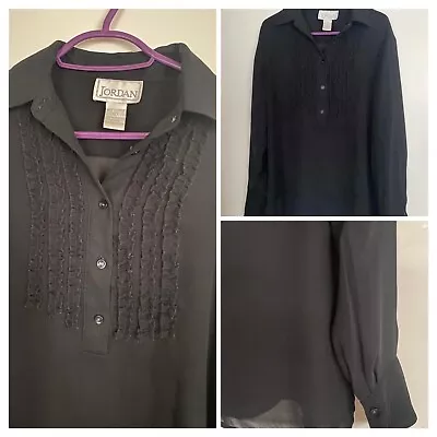 Vintage Ladies Top Black Blouse Tunic Buttoned Collar Ruffles Size 10 • $7.45