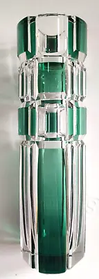 Val St Lambert Green Crystal Vase 10  Tall Signed Box Cut Clear Art Deco • $499.99