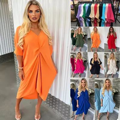 Women's Summer Smock Ashlee Knot Dress Ladies V-neck Solid A Line Loose Dresses • £11.99