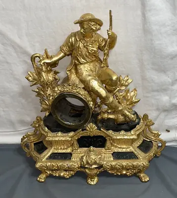 Antique 1800s French Gilt Gold Ormolu FIGURAL MANTLE CLOCK Marble  Boy Hunter • $199.99