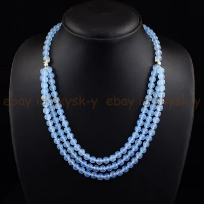 Natural 6mm Blue Aquamarine Round Gemstone Beads 3 Rows Necklace 18-20 Inches • $7.98