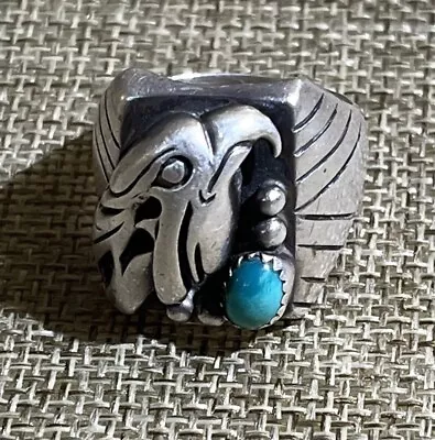 Vintage Native American Sterling Silver 925 Eagle Turquoise Ring 24.4 G Size 12 • $149.99