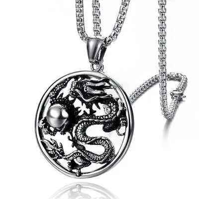 New Mens Stainless Steel Protection Dragon Yin Ying Yang Pendant Necklace Men 3D • $9.88