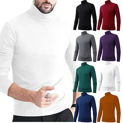 Mens Turtle Roll Neck Jumper Knitted Long Sleeve Pullover Sweater Basic Layer • £5.49