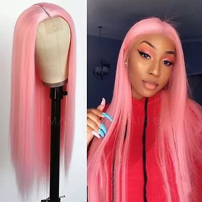 Long Straight Pink Lace Front Wigs Synthetic High Temperature Wig Beauty Fashion • $35.14