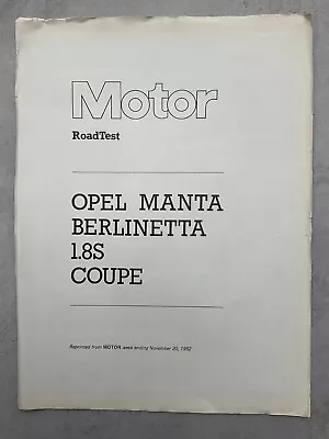 Opel Manta Road Test Reprinted From Motor Magazine - 1982 • $9.31