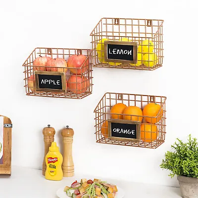 Set Of 3 Copper Metal Wire Wall Mounted Storage Baskets With Chalkboard Labels • $42.99