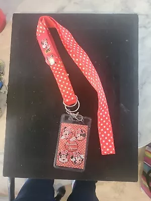 Disney Minnie Mouse Red White Polka Dot Double Ring Lanyard Card Holder & Pin • $11.99