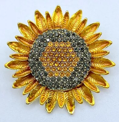 F1-2068 Vintage Brooch Gold Tone Pin 1.5  Rhinestone Enamel Sunflower Flower • $5.99