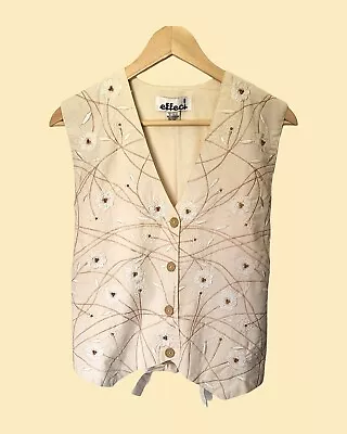 Vintage Embroidered Floral Beaded 100% Cotton Vest Womens Size Medium 90s Cream • $21.99