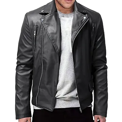 Mens Motorcycle PU Jacket Lapel Bottom Zipper Tight Punk Leather Jacket • $149.99