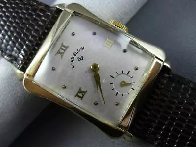 Antique Large Lord Elgin 14kt Yellow Gold Classic Rectangular Mens Watch #25636 • £2048.03