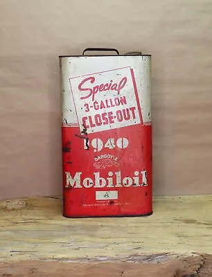 1940 GARGOYLE MOBILOIL 3 Gallon Close Out Advertising Oil  Metal Can • $65