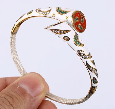 $60.25 • Buy Enamel Turkish Simulated Emerald .925 Silver & Bronze Bangle Bracelet #43603