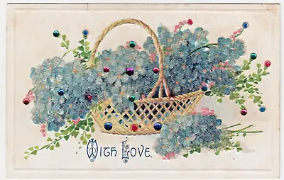 Heavily Beaded Forget-me-not Blue Flower Floral Basket Vintage Novelty Postcard • $5