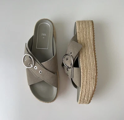 $12 • Buy ZARA Flatform Suede Espadrille Slide Sandals Buckle Strap Platform Taupe Green 9