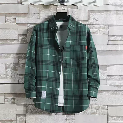 Men's Color Block Shirts Long Sleeve Plaid Shirt Male Vintage Fashion Shirts • £8.54