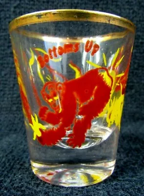 Whiskey Shot Glass VINTAGE HUMOR MONKEY RIDING GOAT BUCKING MONKEY BOTTOMS UP • $8