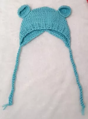 Turquoise Infant Baby Knitted Crochet Winter Cap / Hat Teddy Bear W/ Ears CUTE! • $11.99