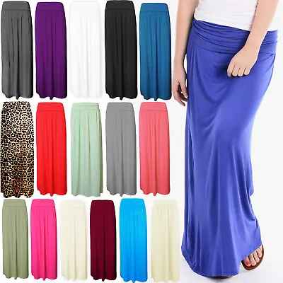 Womens Ladies Pleated Fold Over Waist Long Viscose Jersey Maxi Skirt Plus Size • £7.99