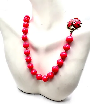 J. Crew Necklace Lady Bug Rhinestone Neon Pink Beaded Hand Knotted Long 30  • $35