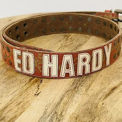 Vintage Y2K Era Distressed Ed Hardy Leather Studded Belt Women’s Large Spell Out • $34.99