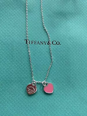 Tiffany And Co  Return To Tiffany Sterling Sliver Pink Twin Heart Necklace • $100