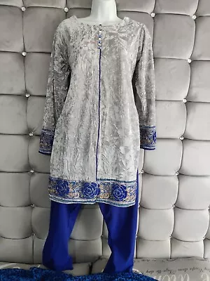 Velvet Suit  Blue /Grey Indian Salwar Kameez Bollywood Dress  Designer  • £20