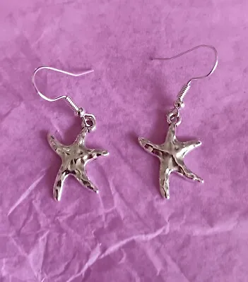 Hammered Starfish Star Fish Tibetan Silver Sea Nautical Dangle Drop Earrings • £2.99