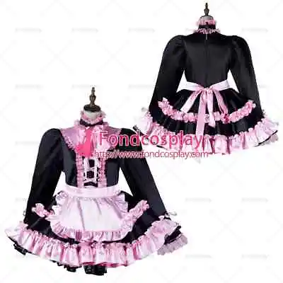 Sissy Maid Short Black Pink Frills Satin Dress Lockable Costume Tailor-made • $28.98