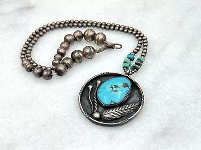 Vintage Native Turquoise Squash Blossom Beaded ￼Sterling Silver Necklace 16” • $269.99