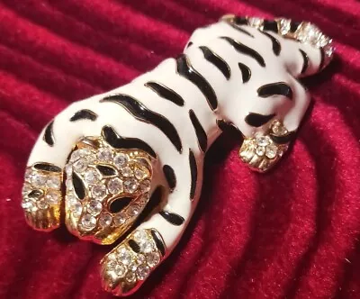 Vintage Gold Tone Fierce White Tiger Brooch Black & White Enamel Clear Stones  • $9.99