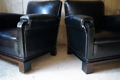 Antique Good Pair Of French Art Deco Period Leather Club Armchairs C.1930 • £3950