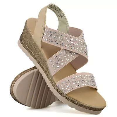 Womens Mid Wedge Heel Memory Foam Slip On Strap Casual Summer Sandals Shoes Size • £12.78