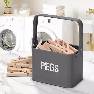 Peg Storage Metal Tin Holder Caddy Washing Line Laundry Container Handle Grey • £9.99