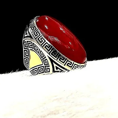 925 Sterling Silver Mens Ring Red Jade Big Heavy Statement Jewelry Turkish • $59.99