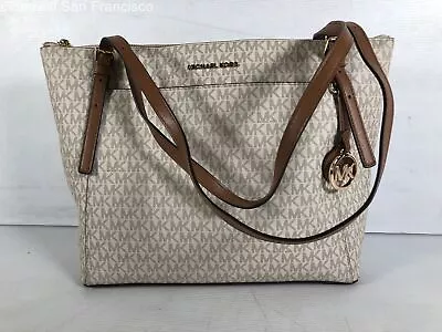 Michael Kors Womens Ivory Monogram Canvas Adjustable Straps Tote Bag Large • $40