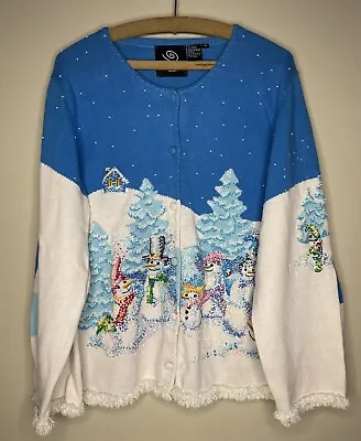 Michael Simon Women’s Sweater Cardigan Blue Snowman 2X Embroidered Beaded • $69.99