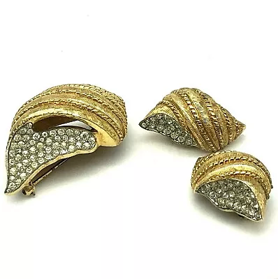 Jomaz Joseph Mazer Shell Set Rhinestone Brooch Earrings Gold Tone Vintage • $175